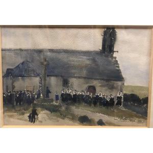 Georges Douking (1902-1987): "leaving Mass, Saint Philibert En Trédunc, June 1945" Watercolor