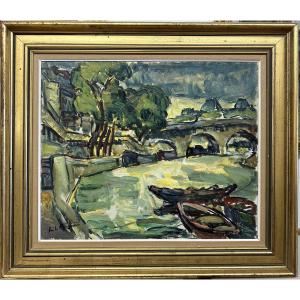 Emile Augière (1890-1960) Nimes: "view Of The Seine In Paris" Oil On Canvas, 60 X 71 Cm