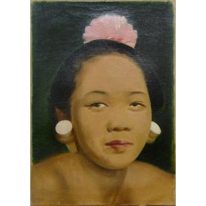 Emilio Ambron (1905-1996) Italy, Bali: "balinese With Flowers" Oil On Monogrammed Canvas, Dimensions 37 X 26 Cm