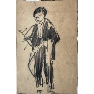 Drawing German Expressionism, School Of Ernst Ludwig Kirchner: "study Of A Man (waiter)" Charcoal
