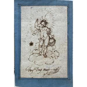 Old 18th Century Drawing "deus Deus Meus" Illegible Monogram, Ink On The Back Of A Printed Page