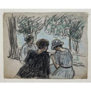 Gaston Prunier (1863-1927) : "the Conversation In The Park" Pastel And Charcoal Unsigned