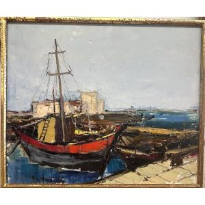 Anton Sipos (bosnian) "trawl In Port" Oil On Canvas Signed Lower Left Paris Period1968