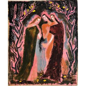 Expressionist School Of The 20th Century: "the 3 Norns At The Foot Of The Tree Of Life" Oil On Paper Signed