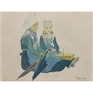 émile Dezaunay (nantes 1854-1938) "woman And Little Girl From Plougastel-daoulas" Hand Signed Print