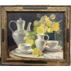 Thérèse Guérin (1861-1933) Lyon School "porcelain And Yellow Roses" Oil On Canvas 38 X 46 Cm