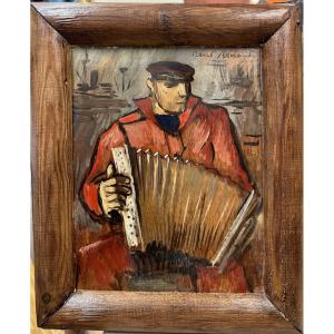 René Renaud (1907-1991) île De Ré: "the Accordionist Sailor" Oil On Panel, Signed Top Right