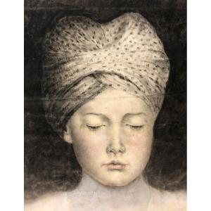 Circa 1900: "child With A Turban" Charcoal And Pastel Unsigned