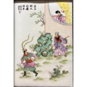 4 Hand-painted Porcelain Tiles; China Circa 1900: "war Scenes" 17.5 X 25 Cm