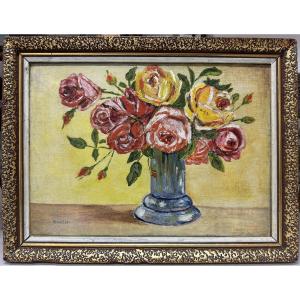 élisée Maclet (1881-1962) Lihons / Montmartre "bouquet Of Roses", Oil On Canvas Mounted