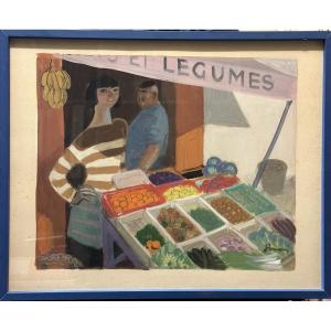Simon XX°, Saint Tropez, Bb, Bardot, Vintage, Côte D’azur “fruits And Vegetables” Gouache