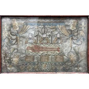 Religious Embroidery On Silk Around 1700 18th Century, Holy Shroud Of Besançon, Reliquary, Painting