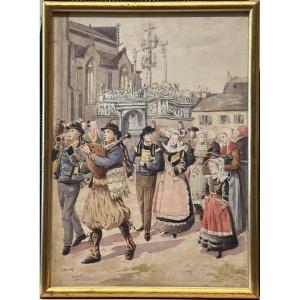 Brittany 1900, Illegible Signature "les Noces Bretonnes" Watercolor, Signed Lower Left