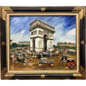 Signed Lucien Genin (1894-1953) Rouen/paris, Montmartre "arc De Triomphe And The Automobiles" 