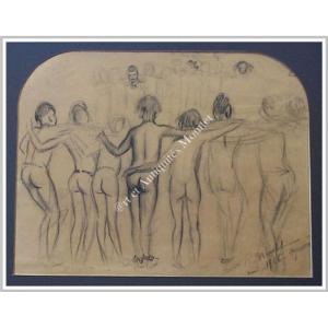 Nivelt Roger (1899-1962) "african Dance" Charcoal Signed Lower Right, May 1926, Located Djenné