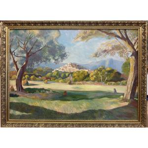 Charles Johnson XX° "view Of Cagnes Sur Mer 1925" Oil On Canvas, 65 X 92 Cm French Riviera