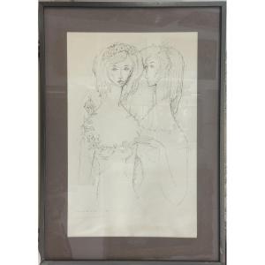Jean Cassarini (1910-2005) Nice "les 2 Amies" Charcoal Signed Dated 1959 Lower Left; Dim: 47 X 30 Cm