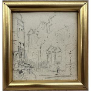 Luigi Loir (1845-1916) "view Of Paris" Pencil/paper 13 X 12 Cm
