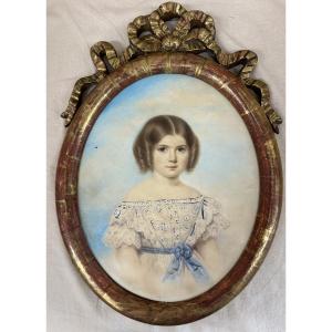 Deharme Elisa Apollina (1805-1860) Paris "portrait Of A Little Girl" Watercolor, Signed On The Left 1850