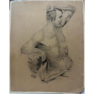 19th Century School: "académie d'Homme" Pencil Drawing Glued To The Back Of A Photo Of The Villa Soligny