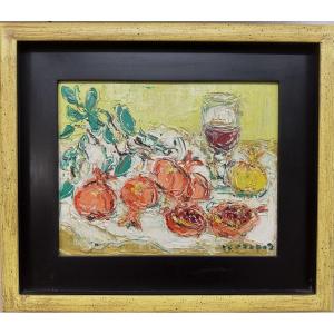 André Cottavoz 1922-2012 Lyon "still Life With Pomegranates And A Glass Of Wine" Oil On Panel