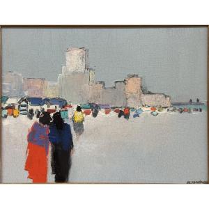 Georges Roudneff (1933) "figures By The Sea (antibes?)" Oil On Canvas, Signed Lower Right