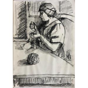 Alexandru Ciucurencu (1903-1977) Romania "woman Sewing" Ink And Ink Wash Drawing