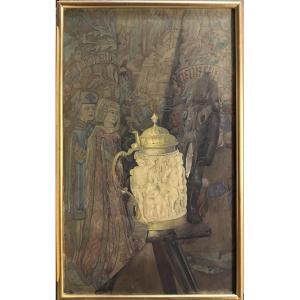 Bentz (19th Century) "fraktur Subject With A Beer Mug" Watercolor,signed Lower Left, Dated 1901