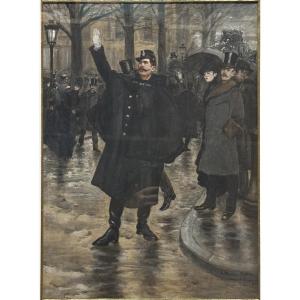 Charles Morel (1861-1908) "parisian Police Officer" Original Watercolor For An Illustration