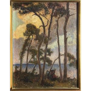 19th-century Breton Post-impressionist School ‘women By The Sea With Pine Trees’ Oil Painting, 