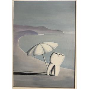 A Humourous 20th-century Surrealist Painting Depicting "a Tooth On The Beach." Acrylic On Panel