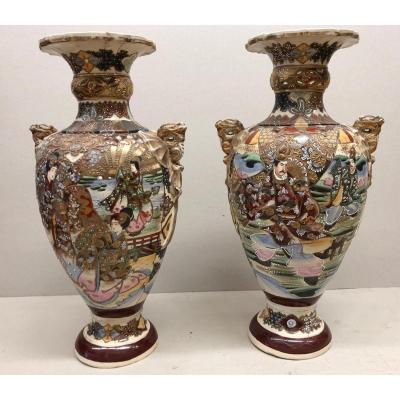 Pair Of Satsuma Vases End XIX ° Ceramic Height 56 Cm