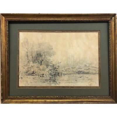 Pre-impressionist Drawing French School Of The XIX °: "rivers'edge"