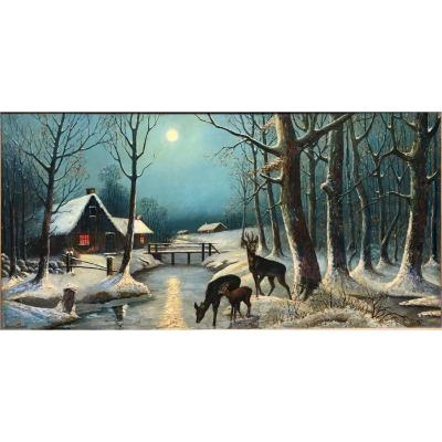 Xavier Sager (1881-1969): "the Deer Family Near The Water"