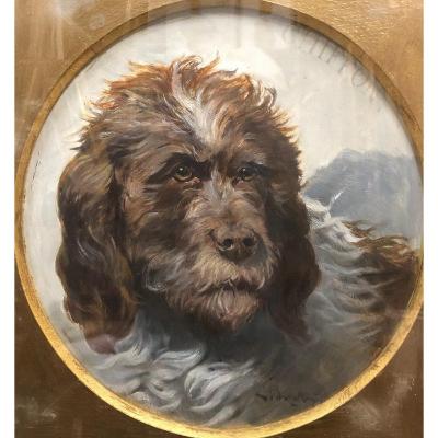 French School, XIX°: "dog Portrait Nammed Chiffon"  Oil On Panel Signed Illegible