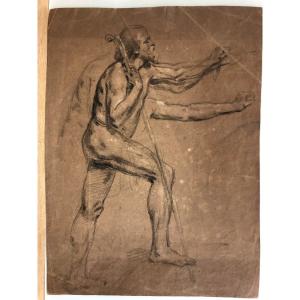 French School Early 19th "study Of A Man Carrying A Bishop's Crosier"; Charcoal On Paper