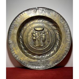 Large Repoussé Brass Offering Dish Representing Adam And Eve, 16th Century 