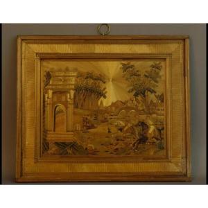 Large Straw Marquetry Painting "hunting" 1820