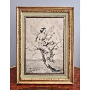 The Cicada Playing The Mandolin Drawing Signed Carlier