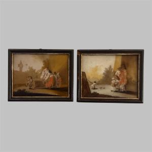 Two 18th-century Glass-fronted Paintings Forming A Pendant 