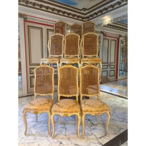 Suite Of 12 Louis XV Style Caned Chairs, Lacquered Wood And Gilded Rechampi, 20th Century