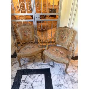 Pair Of Louis XV Armchairs - Aubusson Tapestry