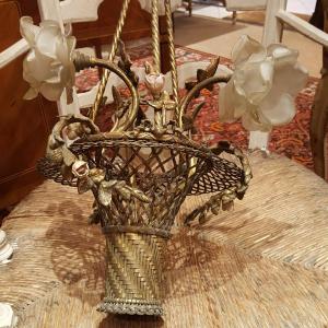 Flower Basket Chandelier In Bronze And Porcelain, 19th Century