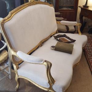 Louis XV 3-seater Bench Sofa In Gilded Wood