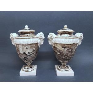 Sarreguemines, Pair Of Engobe Marbled Vases