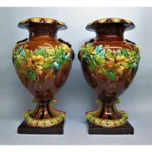 Pair Of Large Majolica Vases With Grapes, England, Sarreguemines, Northern France