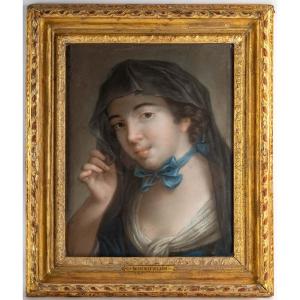 A Portrait Of A Young Woman With A Blue Ribbon.