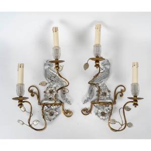 Pair Of Wall Lights Aux Perroquets, Baguès, 20th Century.