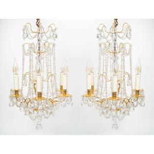 Pair Of Louis XVI Style Gilt Bronze And Crystal Chandeliers, 19th Century.