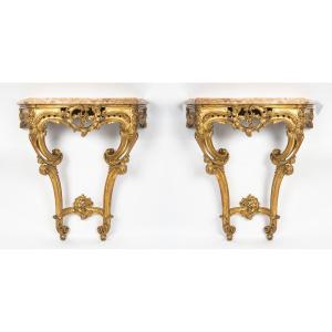 Pair Of Louis XV Style (1724-1774) Giltwood Consoles, Napoleon III Period, 19th Century